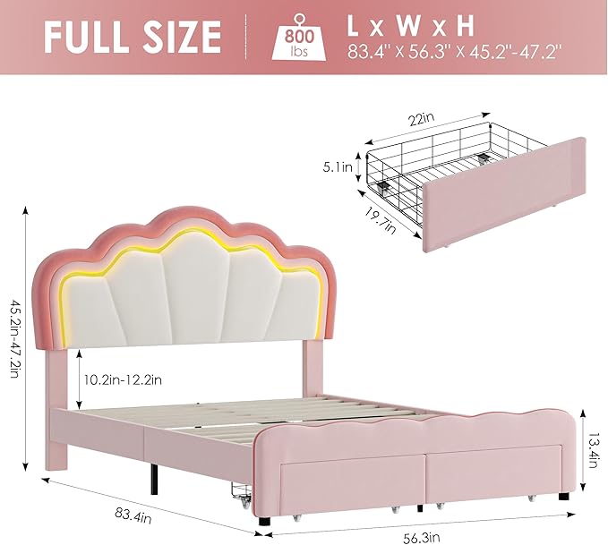 HOSTACK Full Upholstered LED Bed Frame with Storage Drawers, Cute Girls Bed with Adjustable Lotus Headboard, Velvet Princess Platform Bed Frame, Wooden Slats Support, No Box Spring Needed, Pink/Beige