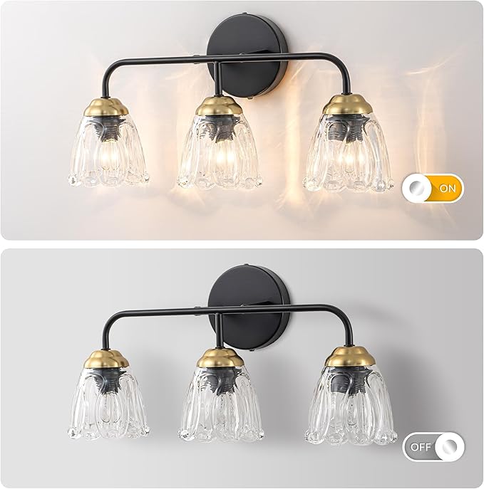 3-Light Black and Gold Bathroom Vanity Light, Thickened Glass Shade Wall Sconce, E12 Base Vanity Lighting Fixture for Mirror Cabinet Makeup Dressing Table