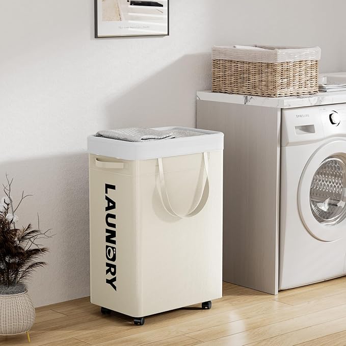 YECAYE 75L Rolling Laundry Hamper, Easy-to-Assemble Clothes Hamper with Wheels, Rolling Dirty Clothes Basket, Slim Basket for Bedroom, Bathroom, or Laundry Room, Beige