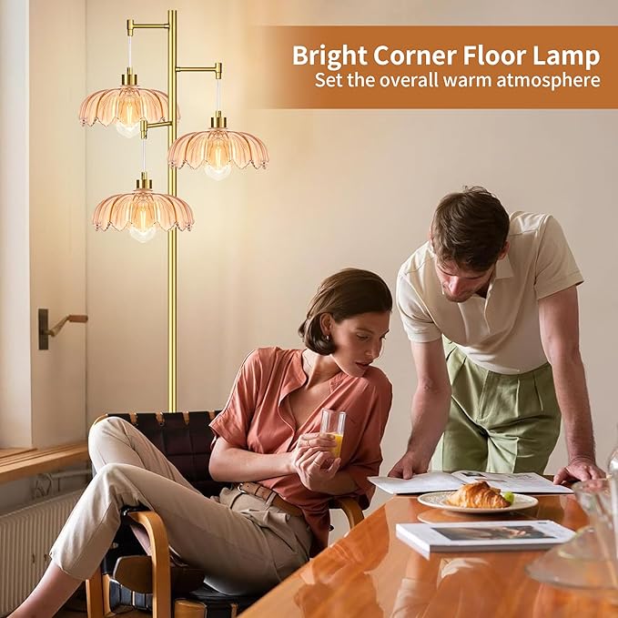 Gold Floor Lamps for Living Room 3 Lights Floor Lamp with Glass Lampshape & Three Led Bulb,Mid Century Standing Lamp Vintage Brass Tall Lamp Tree Floor Lamp for Bedroom Corner