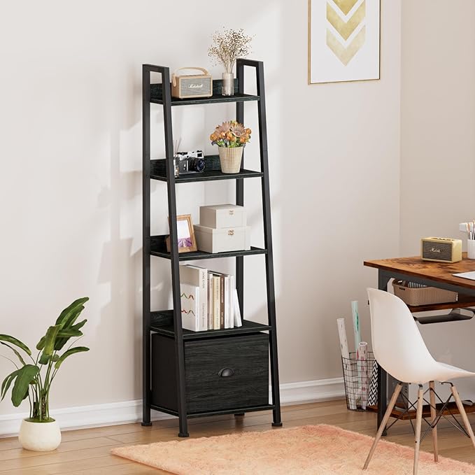 Furologee Ladder Shelf, Book Shelf with Drawer, 5 Tier Bookshelf, Industrial Display Open Bookcase Storage Shelves for Books, CDs, Photos, Black Shelving Unit for Home Office, Living Room