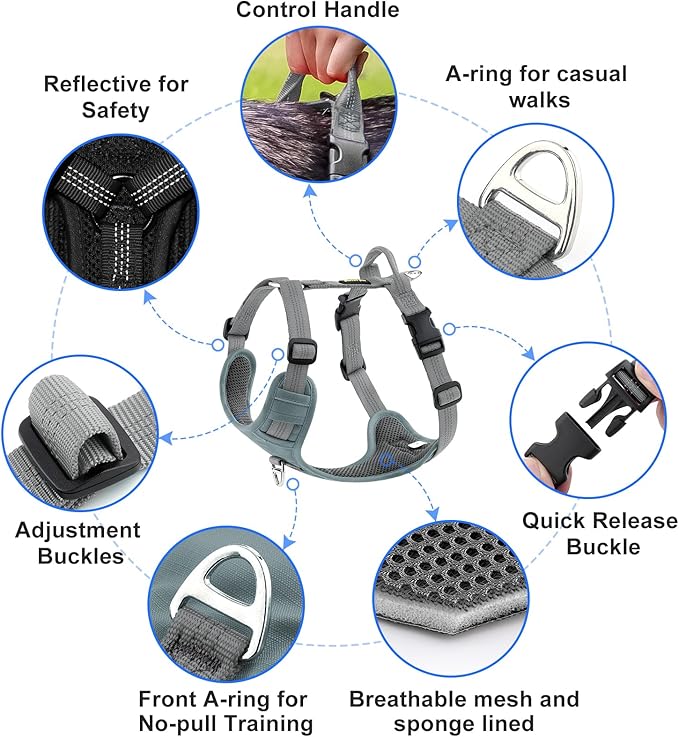 Plutus Pet No Pull Dog Harness, Reflective Adjustable Dog Vest Harness with Handle, Escape Proof, Soft Padded for Small Medium Large Dogs (Gray, XL)