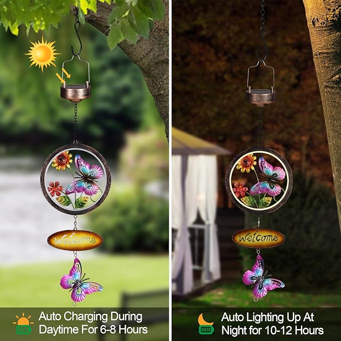 Butterfly Solar Lantern Outdoor Waterproof Welcome Sign lamp Birthday Gifts for Women Mom Outside Hanging Lights Decor for Garden Yard Patio Backyard Porch