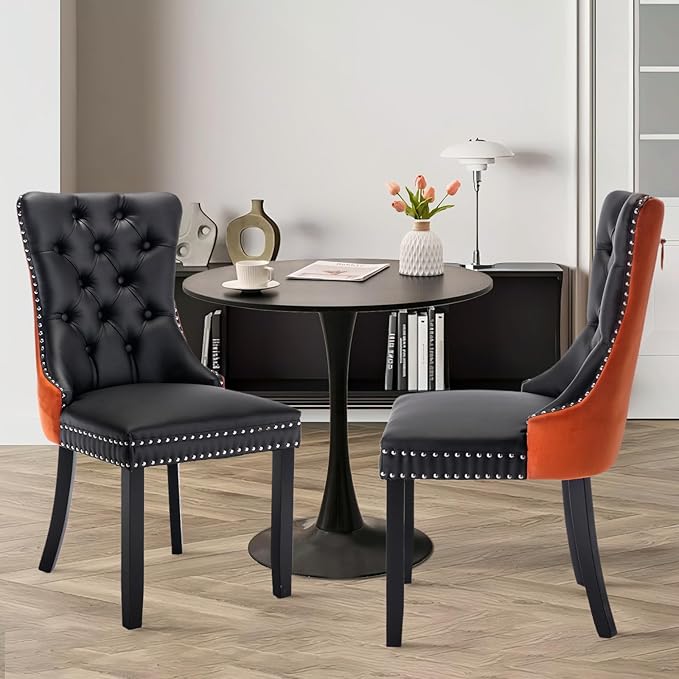 SoarFlash Kitchen Table and Chairs for 2, 31.5" Dining Table Set for 2 with Leather Upholstered Chairs, 3 Piece Round Kitchen Table Set, Dining Room Table Set for Small Space, Apartment, Black/Orange