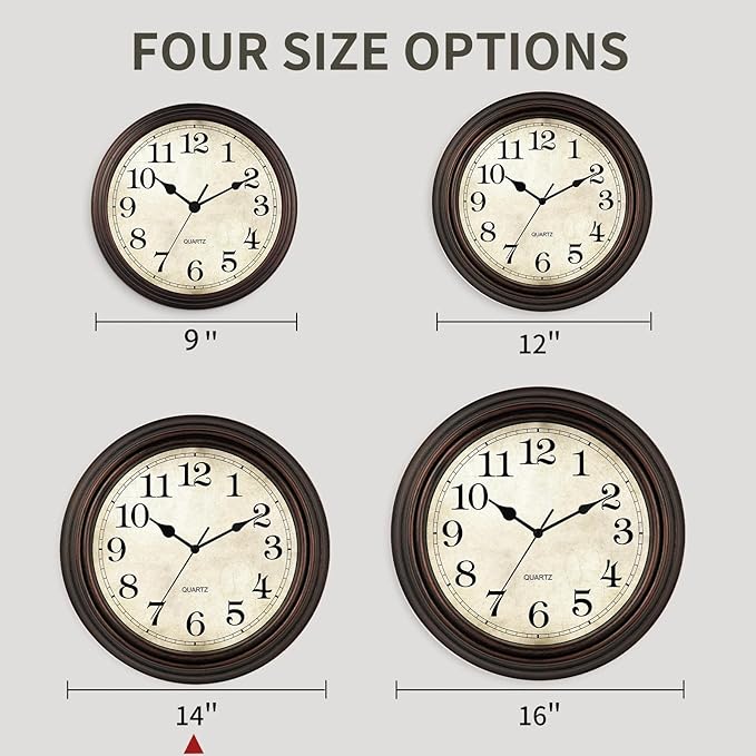 HYLANDA Wall Clock, Bronze Silent Non Ticking Battery Operated Clocks, Decorative for Living Room, Bedrooms, Kitchen, Office (14 inch)