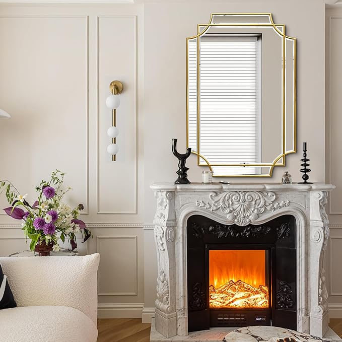 Rectangle Beveled Mirror, 36"x24" Bathroom Vanity Mirrors for Over Sink, Modern Elegant Decorative Mirrors for Wall, Gold Wood Frame Mirrors for Living Room Bedroom Fireplace Entryway