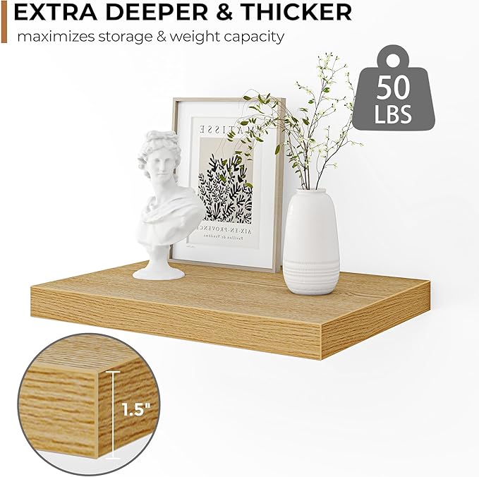 Fun Memories Floating Shelves - 2 Pack 12 Inch Deep Rustic Wooden Wall Shelves - Extra Deeper & Thicker Wall Mounted Storage Shelf for Living Room, Kitchen, Farmhouse - 24" W x 12" D x 1.5" H - Oak