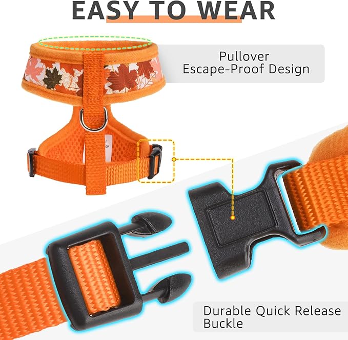 SCENEREAL Fall Dog Harness Collar and Leash Set for Small Dogs, Orange Leaf No Pull Dog Harnesses, Adjustable Step in Pet Vest for Doggie Puppy Cats Walking Outdoor, Chihuahua Yorkie Harness S