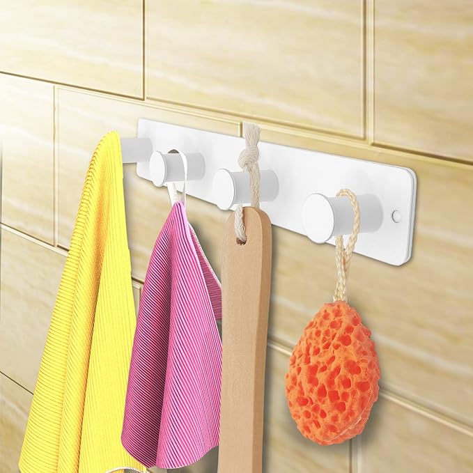 Small Coat Rack Wall Mounted, White Coat Hooks Adhesive & Screw in, Stainless Steel Door Hooks for Hanging Hat Towels Clothes, Hook Rail with 4 Round Hangers (White, 4 Hooks)
