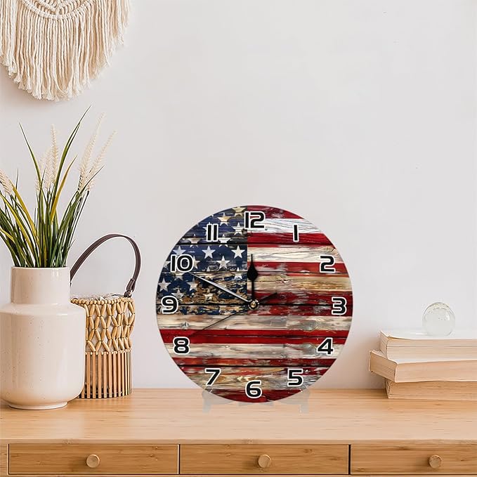 Old Wooden American Flag Wall Clock Battery Operated 10 in Round Wall Clocks Slilent Non Ticking Quartz Analog Clock for Bedroom Kids Living Room Classroom Decor
