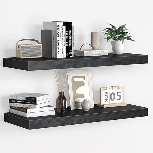 Fun Memories Floating Shelves - 2 Pack 9 Inch Rustic Wooden Wall Shelves - Extra Deeper & Thicker Wall Mounted Storage Shelf for Living Room, Kitchen, Farmhouse - 24" W x 9" D x 1.6" H - Rustic Black