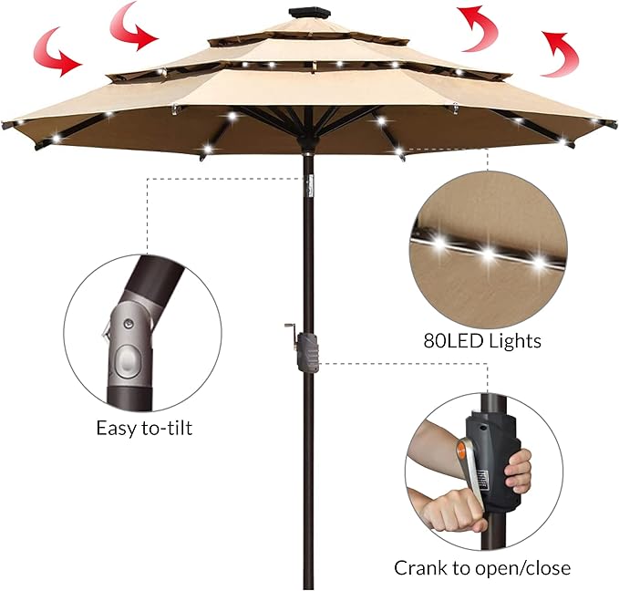 EliteShade USA 10-Year-Non-Fading Solar 9ft 3 Tiers Market Umbrella with 80 LED Lights Patio Umbrellas Outdoor Table with Ventilation,Heather Beige