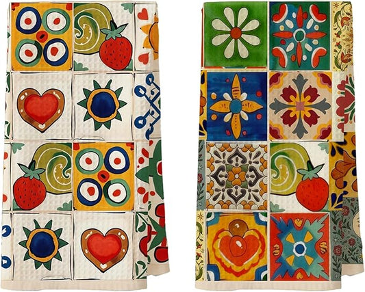 2-Pack Spanish Kitchen Towels, Mediterranean Colorful Tile Pattern Waffle Towels 16x24 Inch, Floral & Fruit Dish Towels Decor for Kitchen, Spanish Inspired Hand Towel for Bathroom Decor.