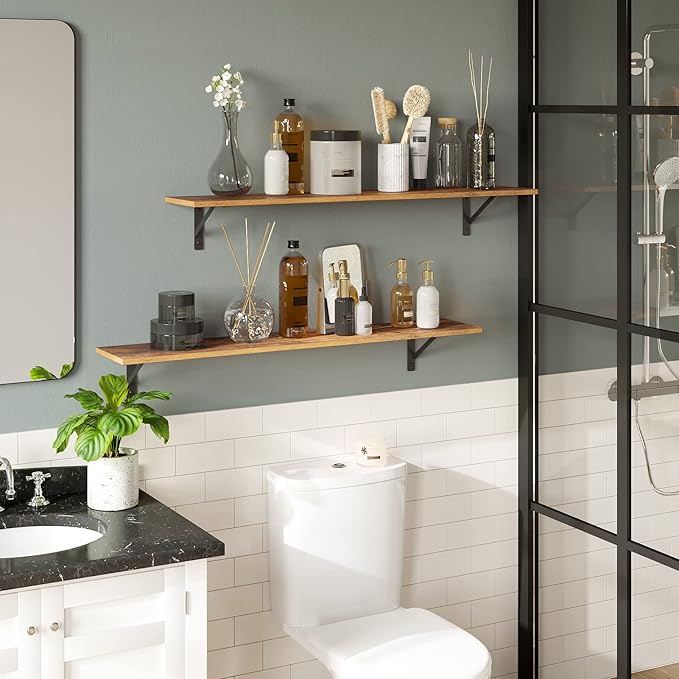 DINZI LVJ Long Wall Shelves, Set of 4, 39.4Inch Wall Mounted Shelves, Extra Large Wall Storage Ledges with Sturdy Metal Brackets for Living Room, Bathroom, Bedroom, Kitchen, Rustic Brown