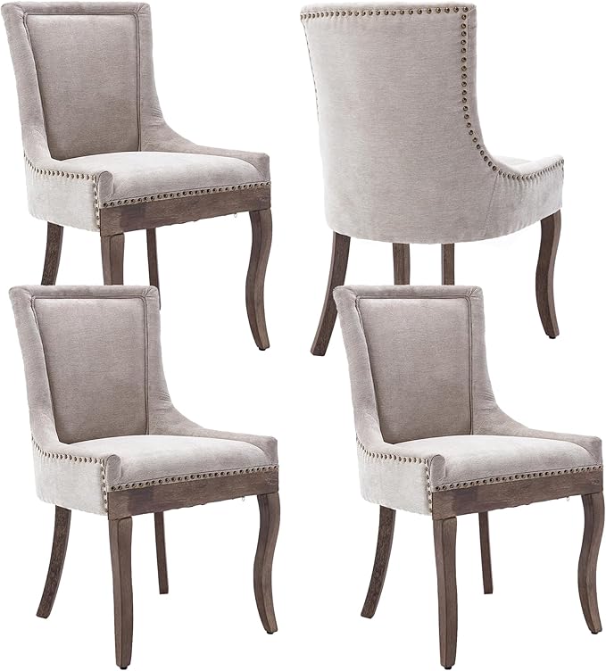 Farmhouse Dining Chairs Set of 4, Upholstered Fabric Dining Room Accent Chairs with Wood Legs & Bronze Nailhead, High Wingback Kitchen Chairs for Living Room Hotel Apartment, Beige
