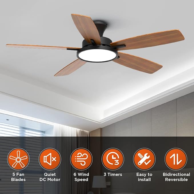 TALOYA 52 inch Ceiling Fans with Lights and Remote, Low Profile Ceiling Fan with Light, Flush Mount, Reversible, 3CCT, Dimmable, Ultra Quiet Black Ceiling Fan for Bedroom Living Room Indoor Outdoor