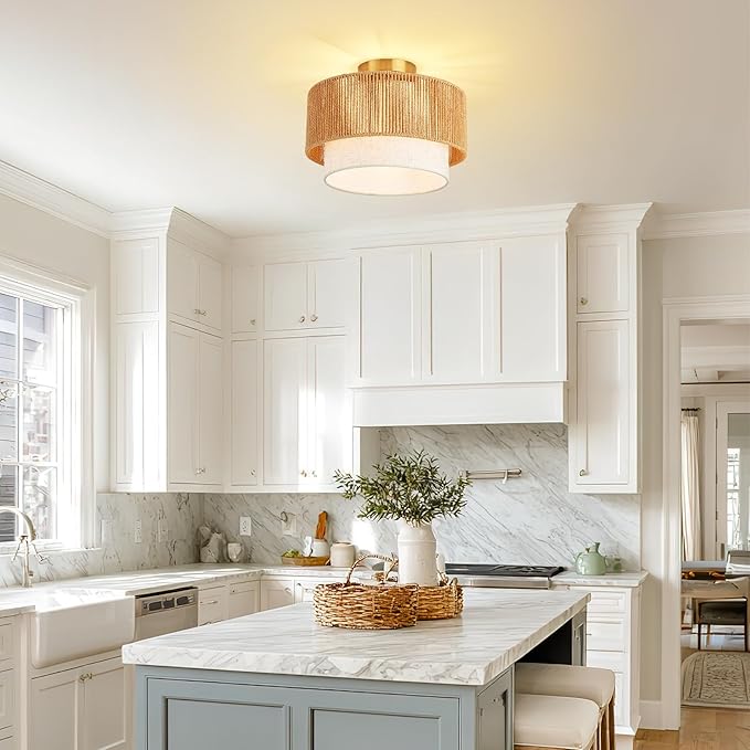 12.6" Drum Flush Mount Ceiling Light Hallway Light Fixtures with Rattan Shade,1-Light Semi Flush Light Fixture Ceiling Mount for Kitchen, Bedroom, Bathroom, Living Room