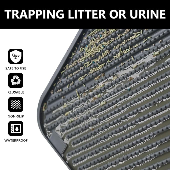 Silicone Cat Litter Mat, Scratch-Resistant Litter Trapping Mat, Waterproof & Non-Slip Litter Box Mat, Highly Effective for Collecting Litter (Grey, 24x15x0.26 in)