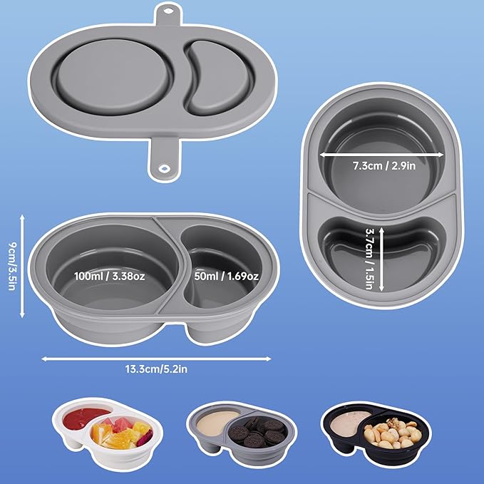 NiHome 3-Pack Reusable Dual-Compartment Silicone Snack Containers with Lids, Safe for Baby Food, Leak-Proof & Easy-Clean for Dips, Sauces, Travel, Microwave & Dishwasher Safe (Cream, Gray, Black)