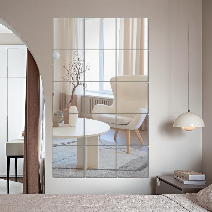 16 Packs Home Gym Mirrors 12'' x 12'' Wall Mounted Mirror Tiles, Square Large Wall Mirror Frameless Full Length Mirror for Home Gym, Bedroom, Door, Bathroom, Living Room