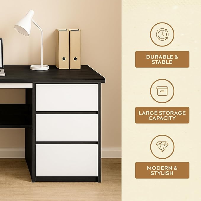 Premium Modern Wooden Computer Desk White Wooden Drawers & Bookshelf - Black Wood Top Writing Table with Strong Iron Frame for Home Office & Study 47.24W x 19.68L x 29.13H Inches