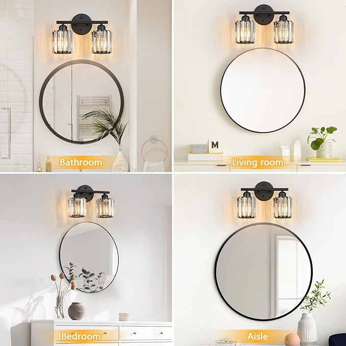 Modern 2 Light Crystal Vanity Light, Black Vertical Bathroom Light Fixture Over Mirror for Dressing Table Sink, Compatible with Dimmable Bulbs (Bulbs Not Included)