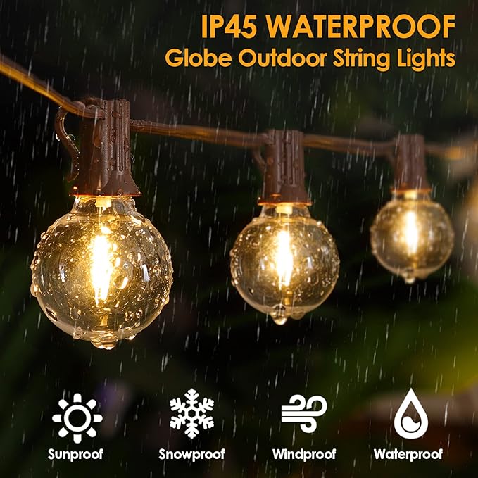Mlambert 50Ft Outdoor String Lights, G40 Globe Patio Lights with 25+2 Waterproof LED Hanging Plastic Bulbs for Gazebo Pergola Cafe Bedroom-Brown Wire