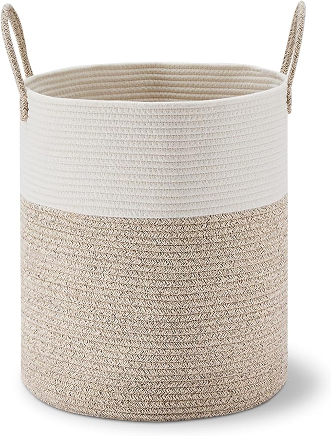 VIPOSCO Large Laundry Hamper, Tall Woven Rope Storage Basket for Blanket, Toys, Dirty Clothes in Living Room, Bathroom, Bedroom - 53L White & Brown