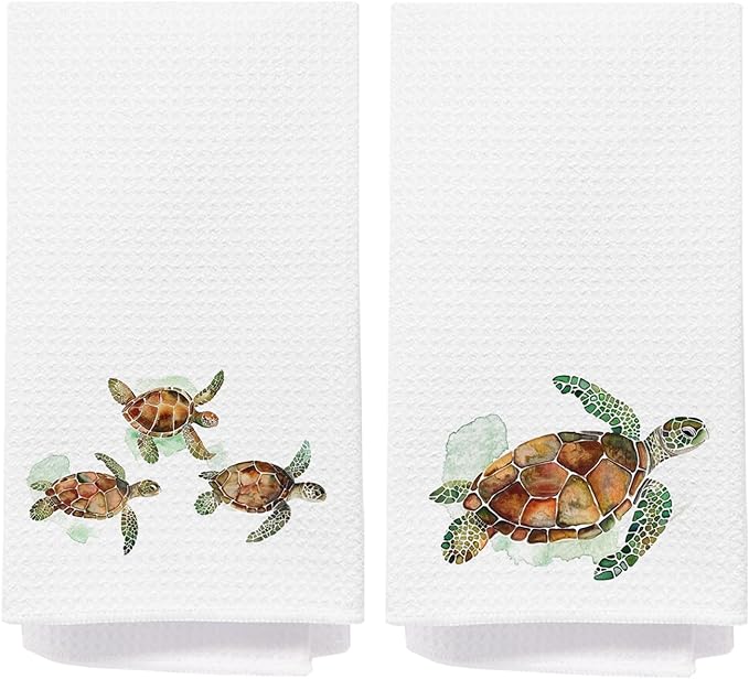 Sea Turtle Bathroom Hand Towels, Turtle Bathroom Decor, Coastal Beach Kitchen Towels, Nautical Coastal Dish Tea Towel for Kitchen, 16x24 Inch Set of 2