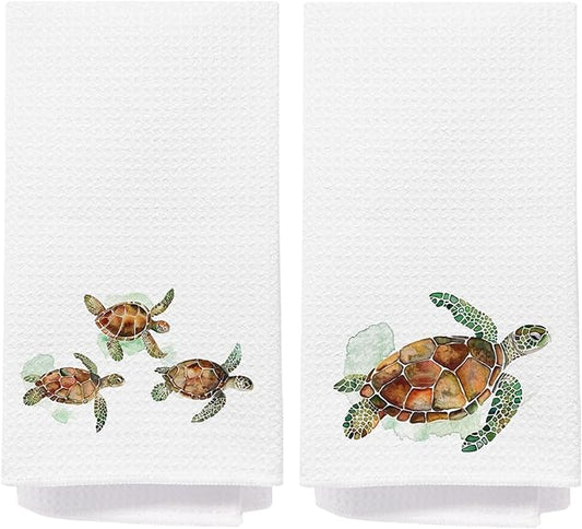 Sea Turtle Bathroom Hand Towels, Turtle Bathroom Decor, Coastal Beach Kitchen Towels, Nautical Coastal Dish Tea Towel for Kitchen, 16x24 Inch Set of 2