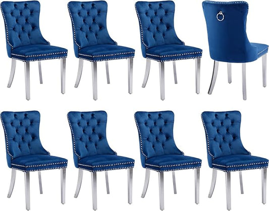 Luxury Upholstered Dining Chairs Set of 8, Blue Kitchen Chair with Silver Metal Legs, Velvet Tufted Back Dining Chair, Sillas de Comedor, Modern Kitchen & Dining Room Chairs (Blue, 8 Pcs)