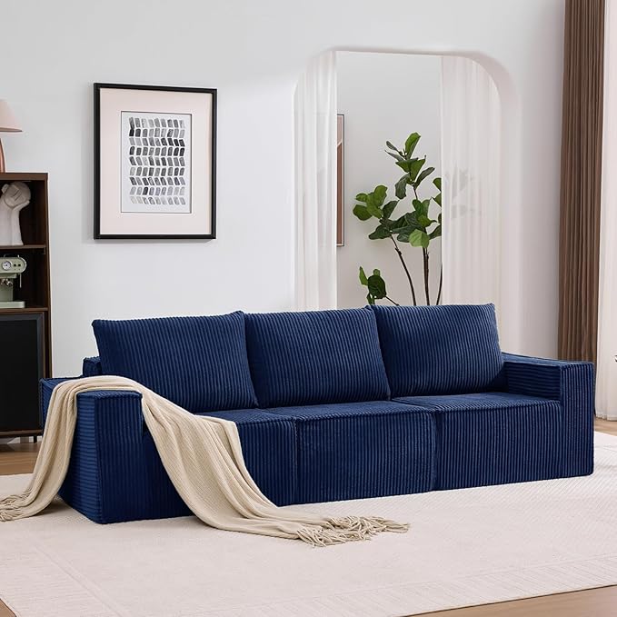 102” Boneless Modular Couch, 3 Seater Cloud Sofa for Living Room, Modern Sectional Sofa with Deep Seat, Comfy Fluffy Loveseat Couch, No Assembly Required,Blue