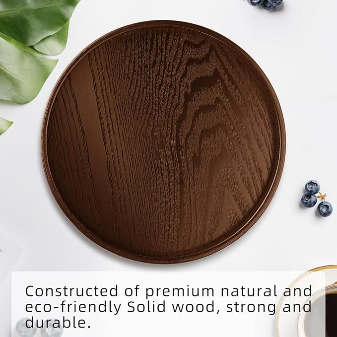 Round Solid Wood Serving Tray 30CM Brown,Decorative Wooden Serving Plate for Tea Coffee Snack Food Meals,Ottoman Breakfast Tray with Raised Edge,for Home,Kitchen,Bathroom,Party,Restaurant Decor(11.8")