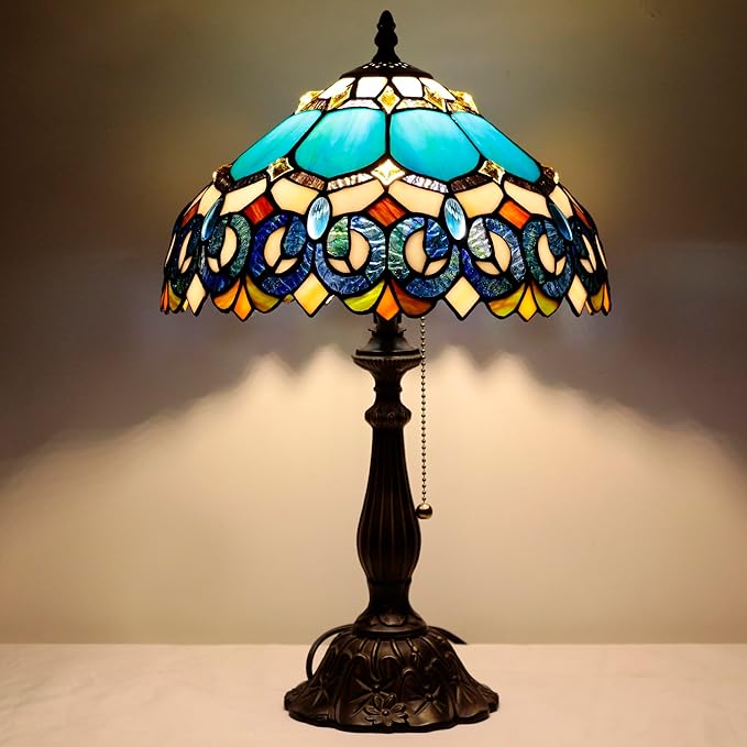 Tiffany Table Lamp Stained Glass Lamp 12X12X19 Inch Antique Reading Light (Blue Jewelry Baroque)