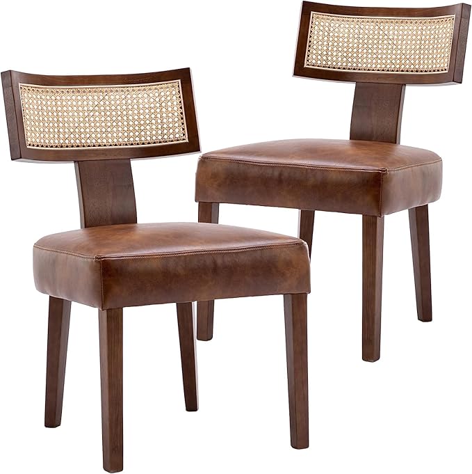 Modern Rattan Back Dining Chairs Set of 2 Rattan Kitchen Chairs PU Leather Upholstered Side Chairs, Modern Kitchen Armless Solid Wood Dining Chairs, Brown