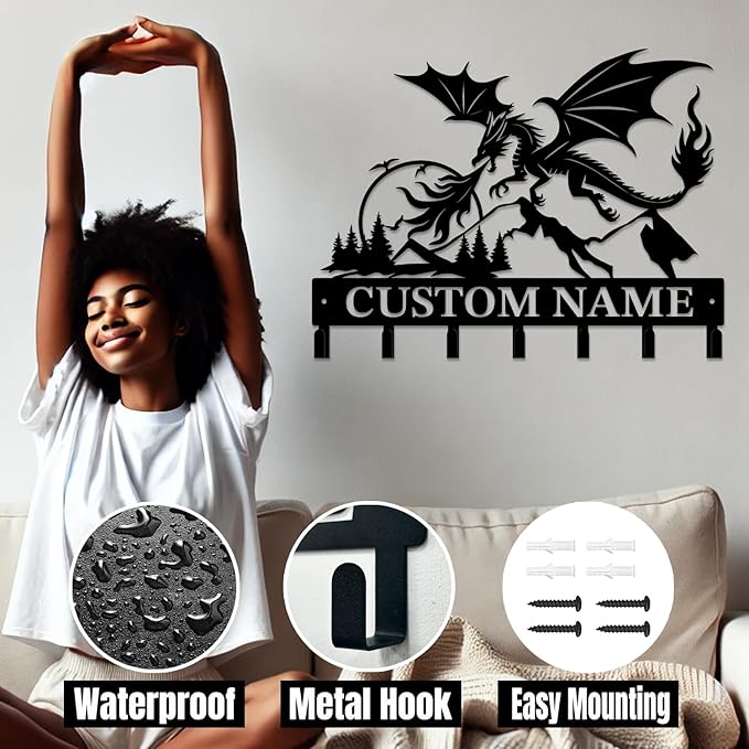 Personalized Evil Dragons Keys Hooks,Custom Name Metal Dragons Art Keys Hooks,Metal Dragons Lover Wall Home Storage Decorative Keys Hooks,Key Holder Hooks for Wall (Style J)