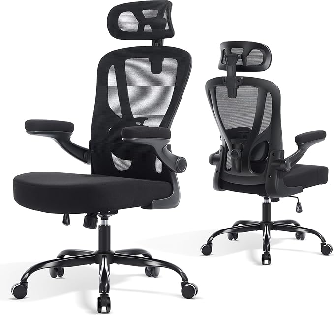 Office Chair Ergonomic Office Chair with Lumbar Support, Head Support, Rocking Function, FILP-up Armrests, Mesh High Back Chair Home Office Desk Chair, Suitable for Home, Office, Black