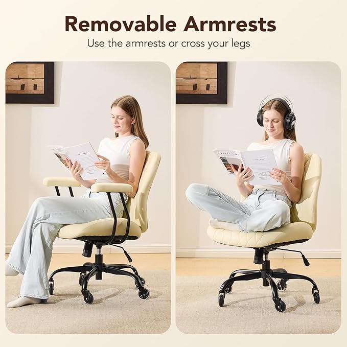 YFO Home Office Desk Chair Office Rubber Casters Ergonomic Computer Chair with Lumbar Support Adjustable Height Rolling Swivel Executive Task Armrests Chair， Cream Leather