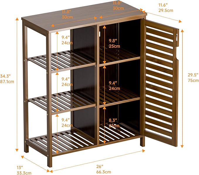 HITNET Bathroom Storage Cabinet Bamboo, Free Standing Floor Cabinet, Kitchen Cupboard Side Storage Organizer with Shutter Door and 3 Side Shelves, Walnut