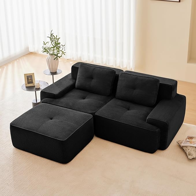 Black Ottoman for Modular Sectional Sofa, Corduroy Deep Seat for Oversized Compressed Boneless Sectional Couches for Living Room Bedroom Apartment, Cloud Sofa Couch, Memory Foam, No Assembly
