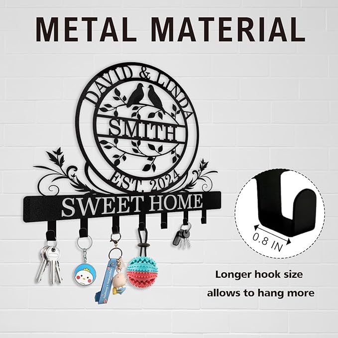 Key Holder for Wall, Personalized Couple's Name Key Rack Coat Rack, Metal Key Holder Wall Mount for Housewarming Gifts, Key Hook Wall Hanging Bedroom Hallway Decor