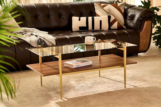 Shrine Rectangle Coffee Table, Mid-Century Modern Design, 2-Tier Structure, Amber Glass Top and Walnut MDF Shelf, 41" D x 21" W x 17" H, Sleek Conical Metal Legs with Gold Finish