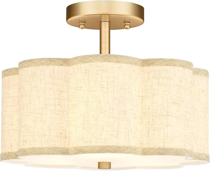 Gold Semi Flush Mount Ceiling Lights, 3-Light 12.5" Light Fixtures Ceiling Mount with Linen Fabric Drum Shade in Flower Shape for Nursery Hallway Bedroom Kitchen, AD-22007-3SF-GD-B