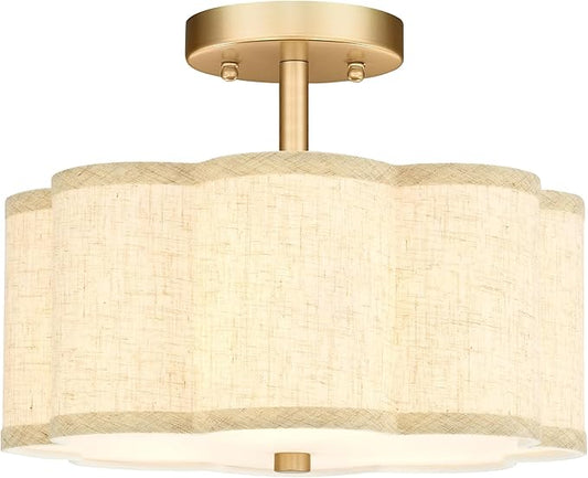 Gold Semi Flush Mount Ceiling Lights, 3-Light 12.5" Light Fixtures Ceiling Mount with Linen Fabric Drum Shade in Flower Shape for Nursery Hallway Bedroom Kitchen, AD-22007-3SF-GD-B