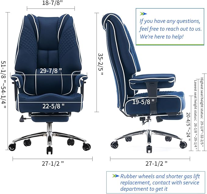 Big and Tall Office Chair 400lbs Wide Seat, Leather High Back Executive Office Chair with Lumbar Support, Ergonomic Chairs Padded Armrests & Thick Cushion (Mesh Blue)