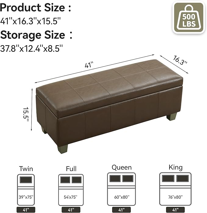 41" Faux Leather Storage Ottoman, Stitch Tufted Rectangle Upholstered End of Bed Storage Bench, Entryway Large Couch Ottoman with Wooden Legs, Coffee