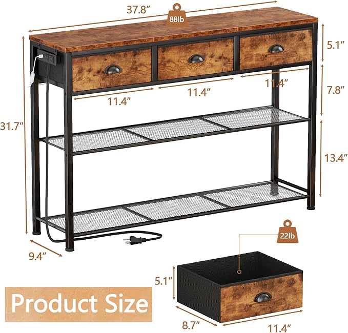 Furologee Console Table with Charging Station & 3 Fabric Drawers, 38'' Entryway Table with Storage Shelves and LED Light for Entry Way, Industrial Display Shelf for Hallway, Foyer, Rustic Brown