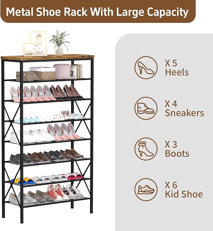 8 Tiers Tall Shoe Rack Organizer, Large Capacity Shoe Rack Holds 32 Pairs of Shoes, Durable and Stable, Adjustable Metal Shelf Stackable Shoe Shelf for Entryway, Hallway, Living Room, Closet
