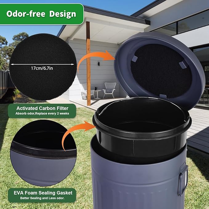Dog Poop Trash Can with Lid for Outdoors，3.2 Gallon Trash Can with Activated Carbon Filter & Plastic Bags, Pet Waste Container，UP12L-GY-Y+90BK