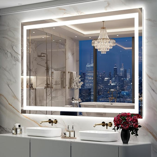 LED Mirror for Bathroom, 66x40 Inch Backlit + Front Lighted Bathroom Vanity Mirror with Lights for Wall, Double Light Strips, 3 Colors, Shatter-Proof, Anti-Fog and Brightness Memory